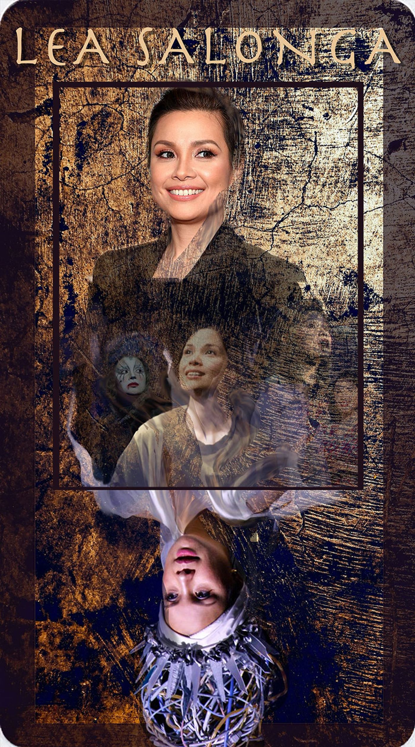 Composite portrait card of singer Lea Salonga smiling in a dark jacket, montaged with photographs of her in stage costume, including a white robed role and a made up face in a spiked collar