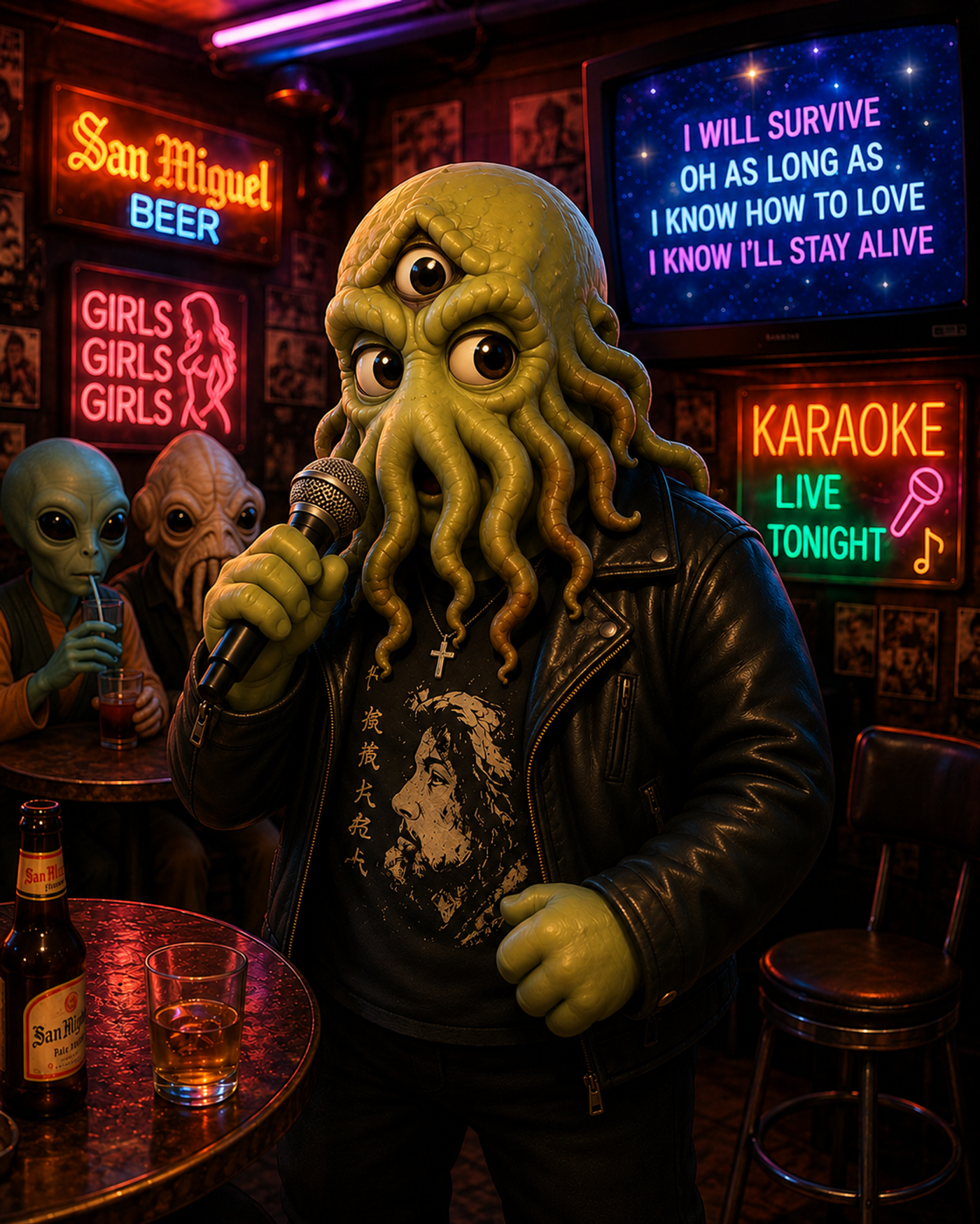 Three-eyed Cthulhu in a leather jacket croons “I Will Survive” at a karaoke dive bar strung with San Miguel Beer neon, as two alien patrons nurse their drinks at the next table