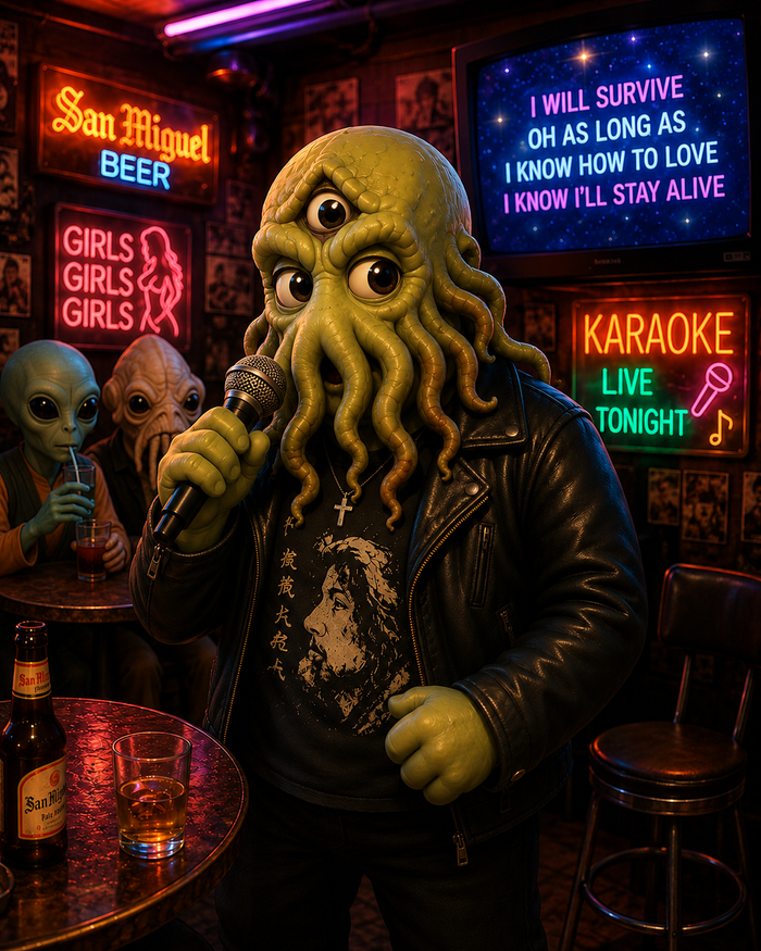 Three-eyed Cthulhu in a leather jacket croons “I Will Survive” at a karaoke dive bar strung with San Miguel Beer neon, as two alien patrons nurse their drinks at the next table