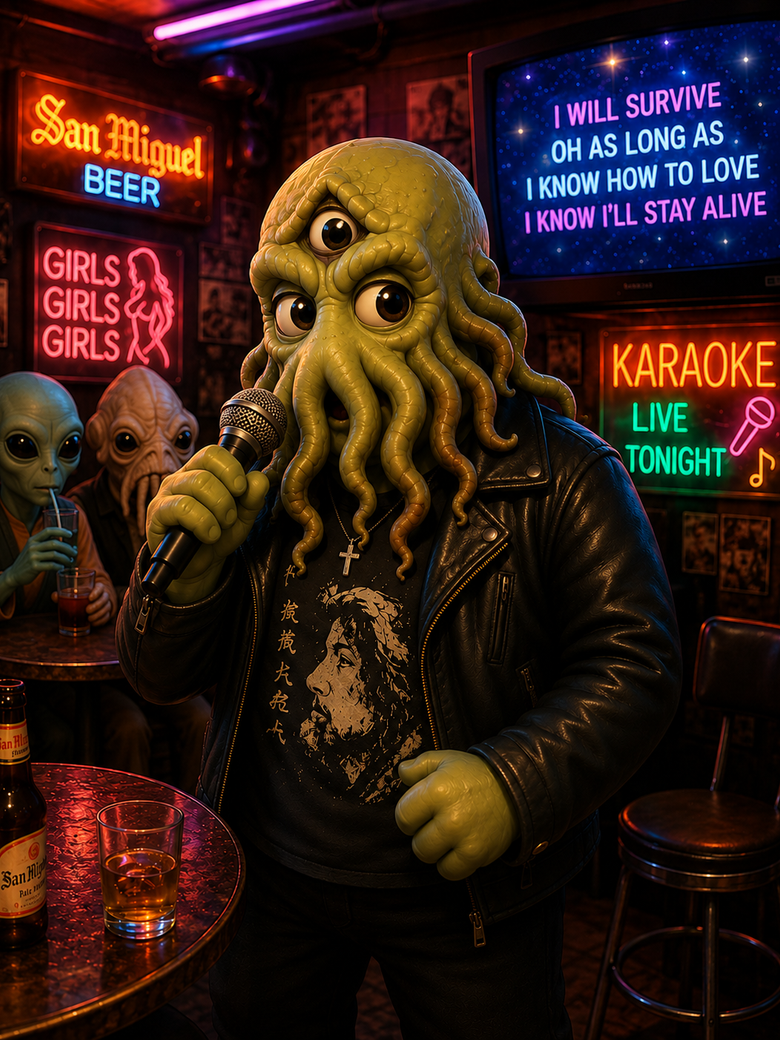Three-eyed Cthulhu in a leather jacket croons “I Will Survive” at a karaoke dive bar strung with San Miguel Beer neon, as two alien patrons nurse their drinks at the next table