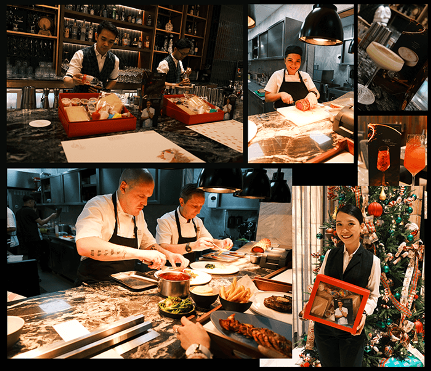 Collage of cooks plating dishes at Gordon Ramsay Bar & Grill, plus a staffer by a Christmas tree