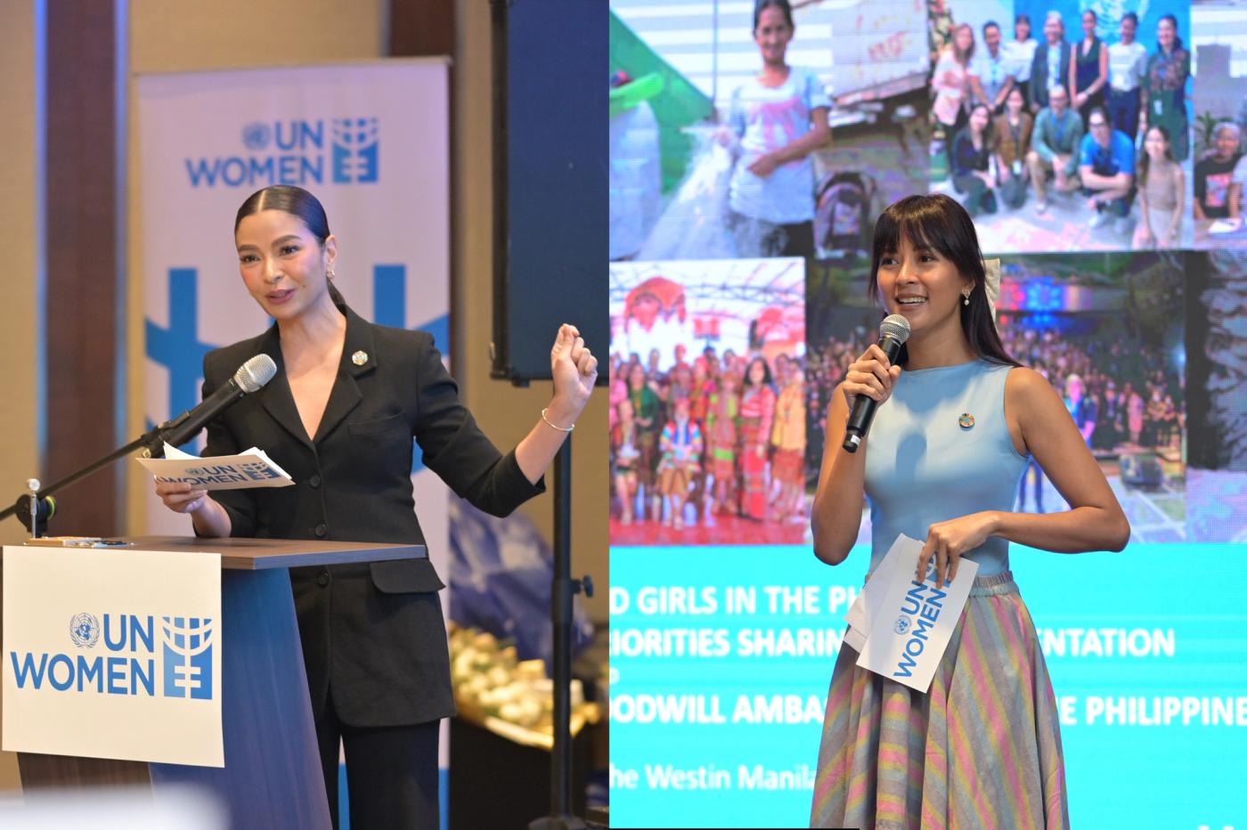 Side-by-side portraits of Rissa Mananquil-Trillo in a black blazer and Bianca Gonzalez speaking into a microphone, with their quoted remarks