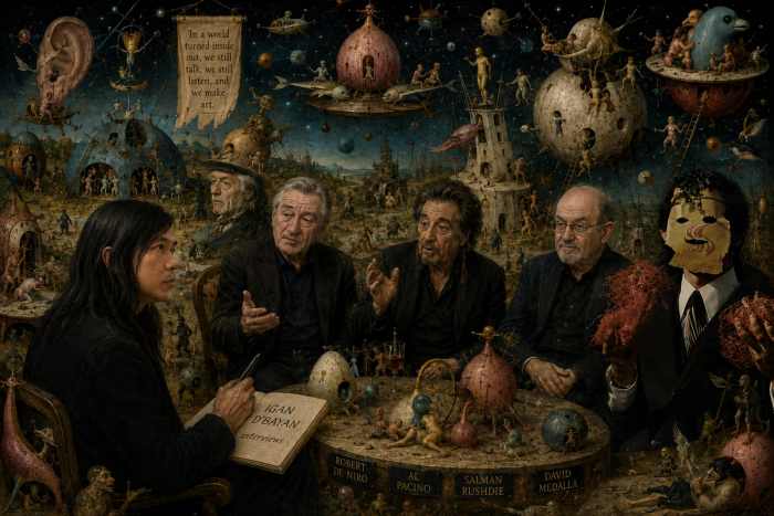 Surrealist Boschian artwork depicting Igan D’Bayan interviewing Robert De Niro, Al Pacino, Salman Rushdie, and David Medalla at a round table surrounded by fantastical floating structures