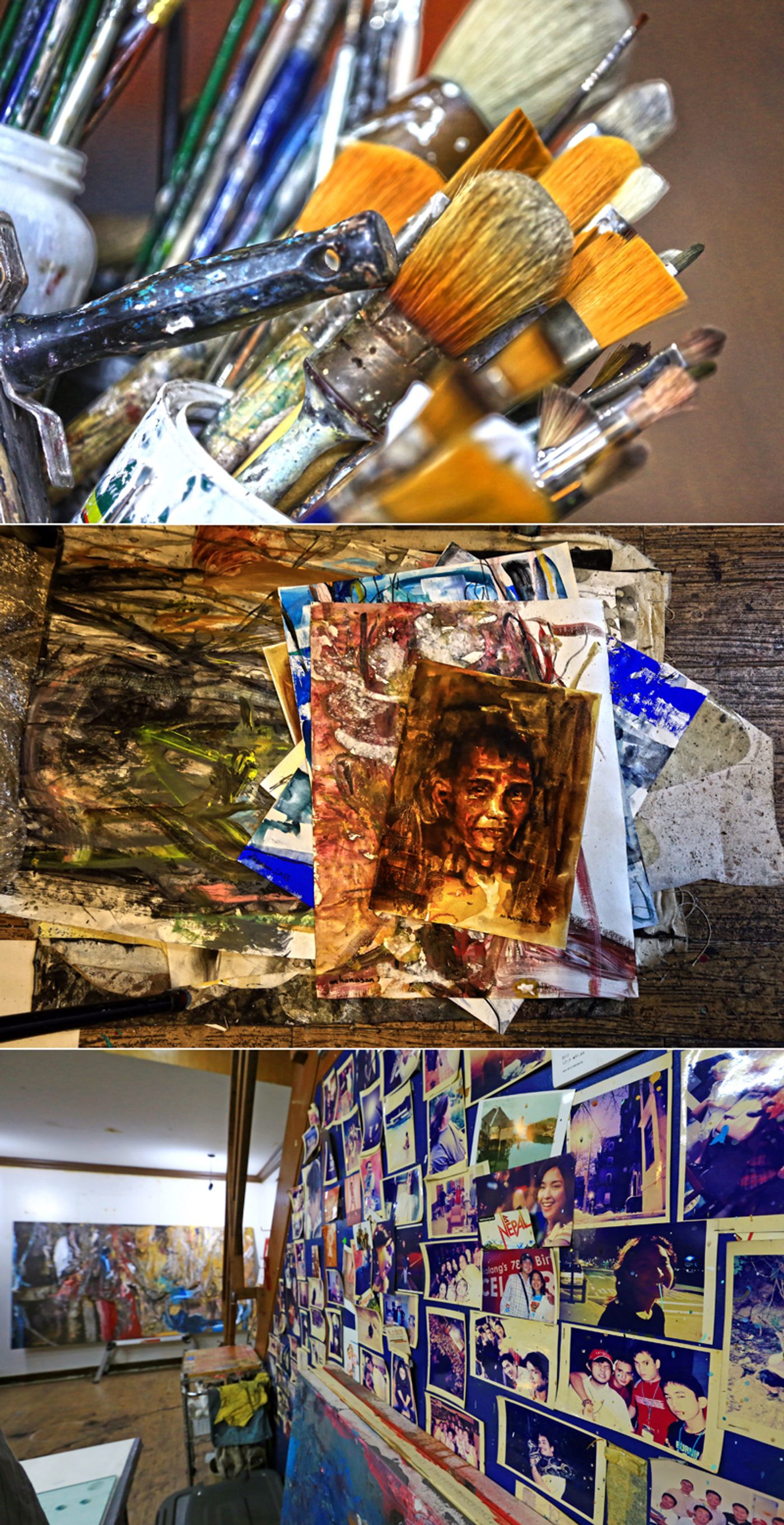 Three studio details stacked: paint-loaded brushes in jars, a pile of worked papers with a painted child’s face on top, and an easel beside a wall of pinned snapshots