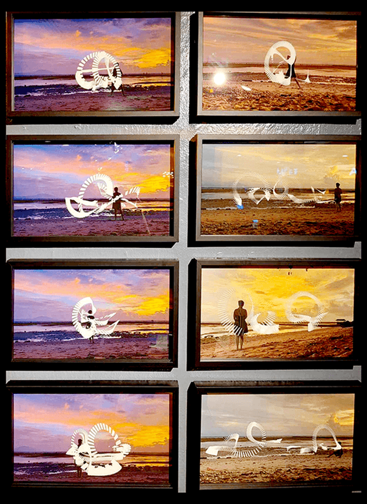 Christina Dy traces glowing patterns in the air with an LED baton in the darkened gallery for “Kinograms”