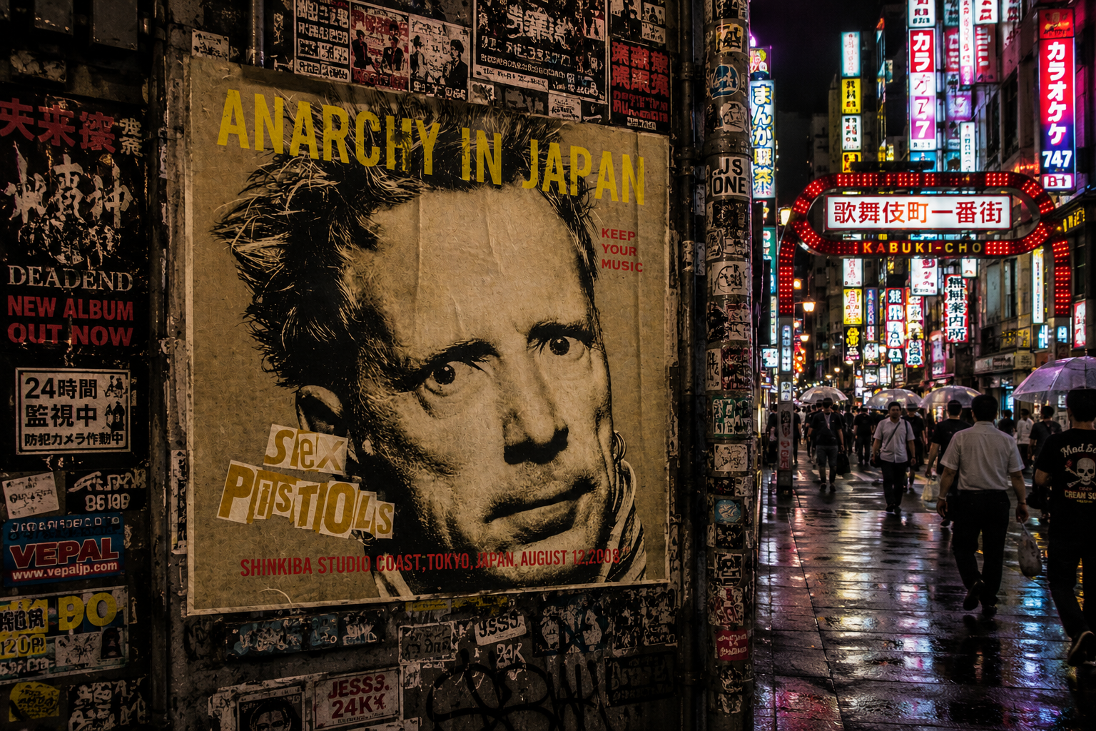 Pasted-up Sex Pistols poster reading Anarchy in Japan on a sticker-covered wall, neon Kabukicho signs down the wet street behind it