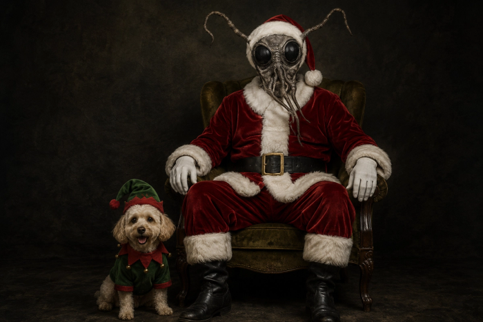 A figure in a Santa suit with a tentacled insect face and white gloves sits in an armchair beside a small poodle dressed as an elf