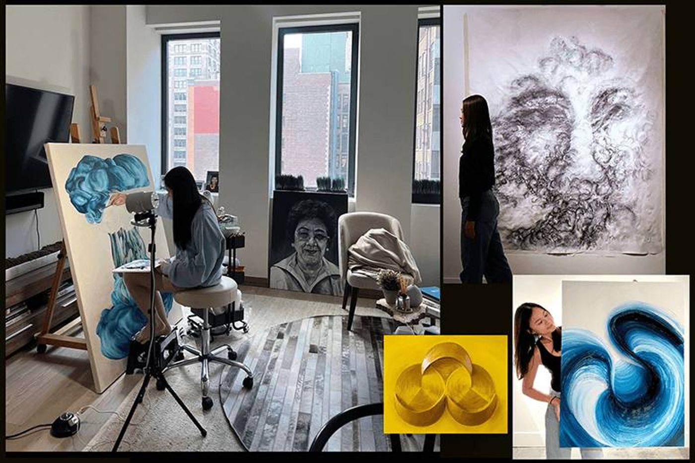 Collage of Maria Angelica Tan in her New York studio with a charcoal portrait and blue swirl paintings