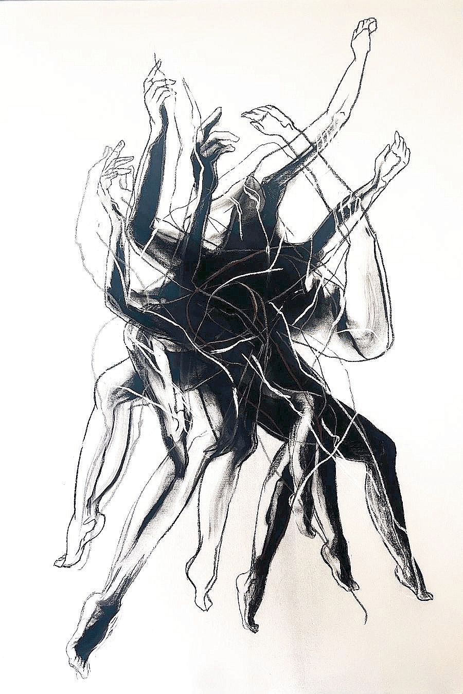 Charcoal drawing by Christina Dy from Chimera: New Drawings, a knot of arms and legs grafted into one many-limbed figure