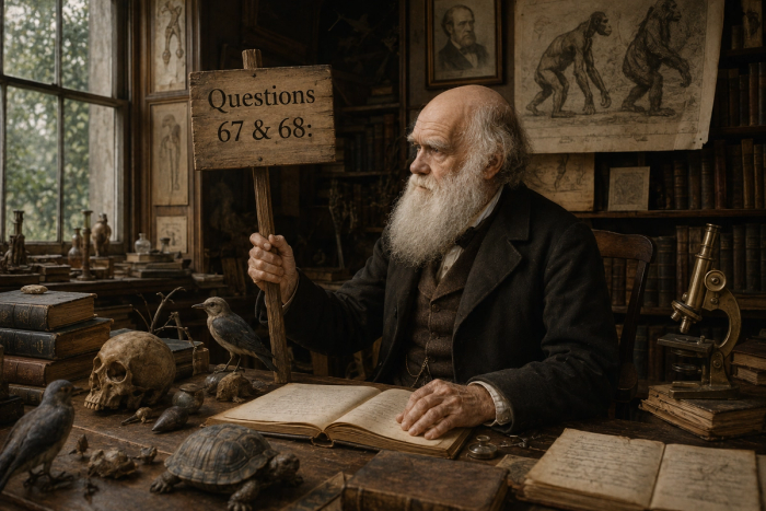 A bearded Victorian naturalist in a specimen-filled study holds a wooden sign lettered Questions 67 & 68 beside a skull, a tortoise and a microscope