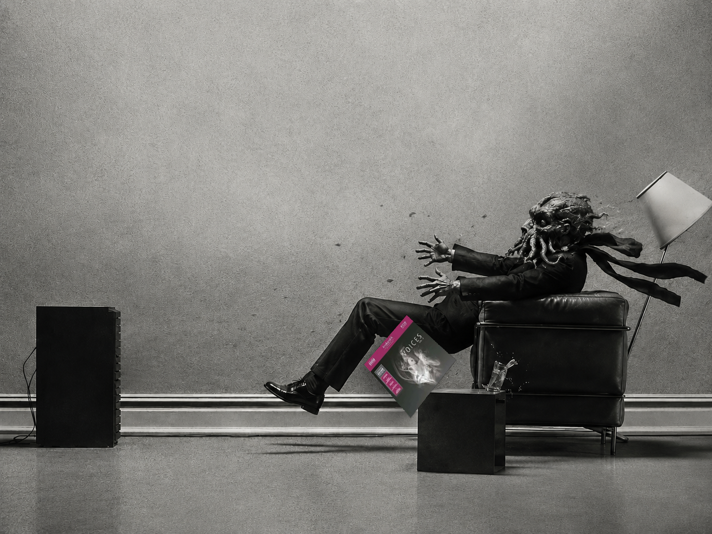 The Maxell “blown away” ad remade with Cthulhu: a suited tentacled listener in a leather armchair blasted backward by a loudspeaker, scarf and lampshade streaming, a record sleeve in his lap