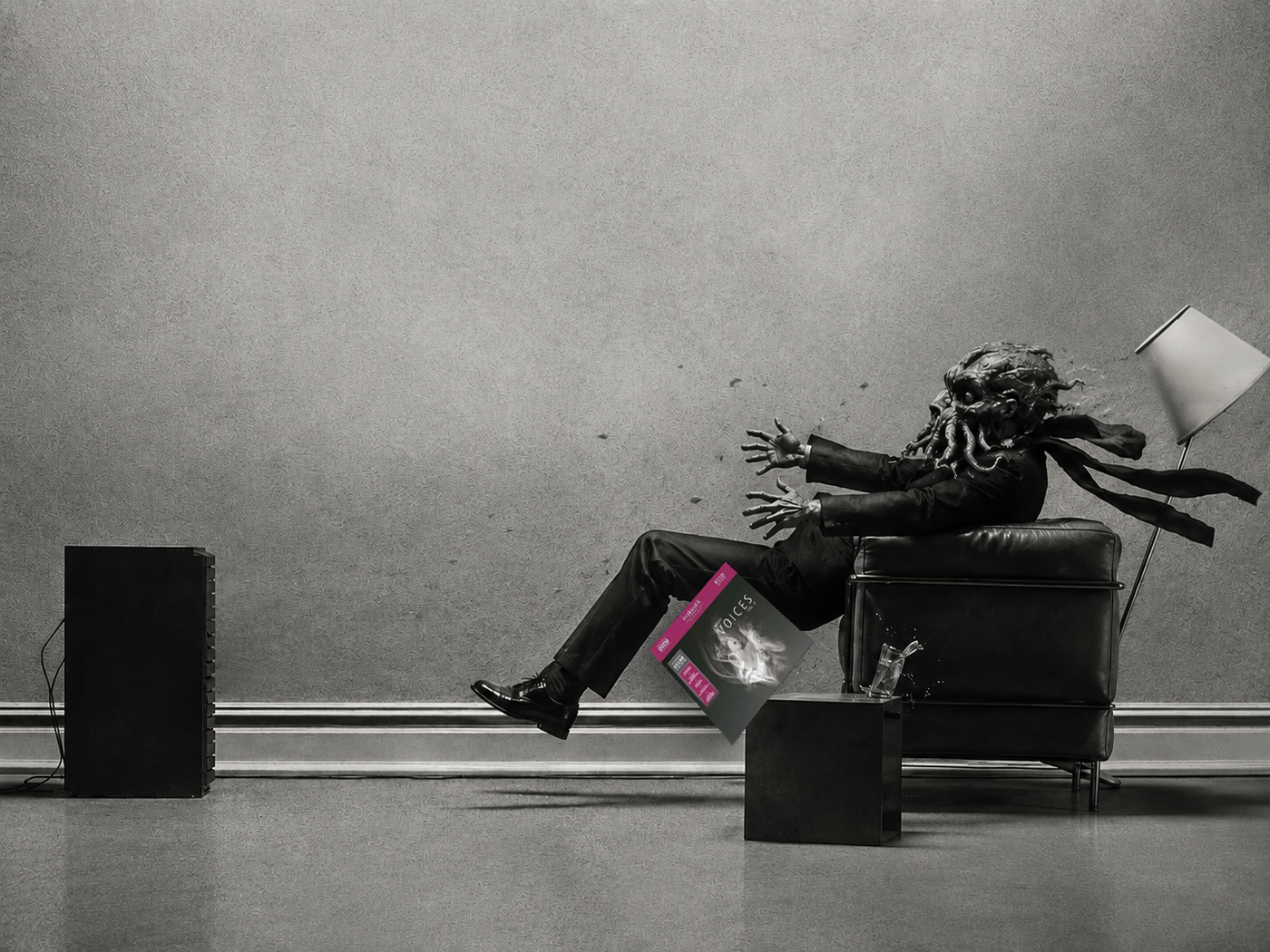 The Maxell “blown away” ad remade with Cthulhu: a suited tentacled listener in a leather armchair blasted backward by a loudspeaker, scarf and lampshade streaming, a record sleeve in his lap