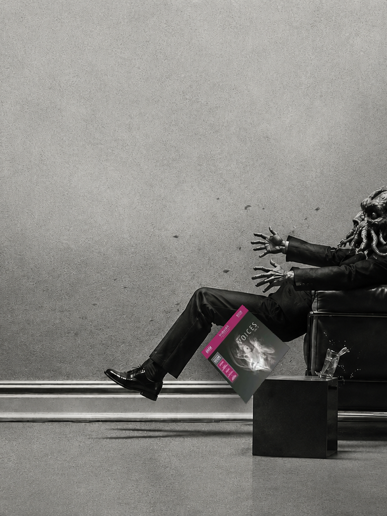 The Maxell “blown away” ad remade with Cthulhu: a suited tentacled listener in a leather armchair blasted backward by a loudspeaker, scarf and lampshade streaming, a record sleeve in his lap