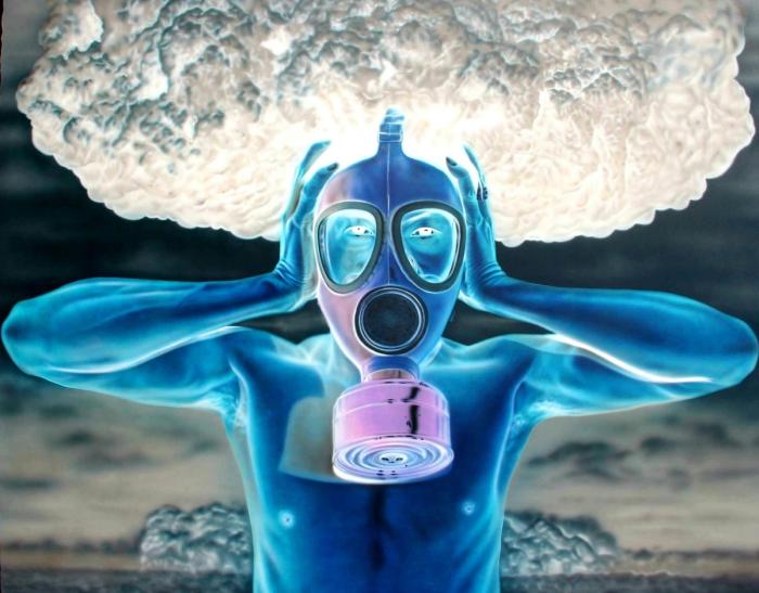 Painting Dark Smoke by Olan Ventura: a blue figure in a gas mask clutching its head before a mushroom cloud