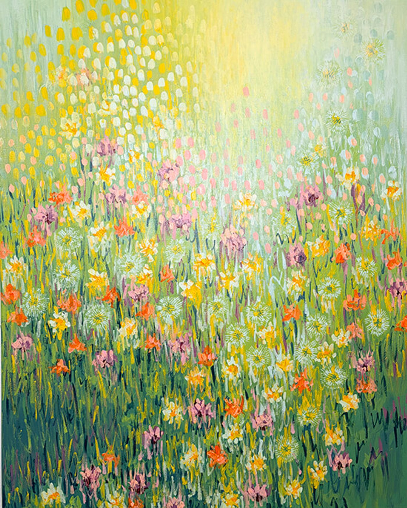 A vertical painting dense with orange, pink, yellow and white wildflowers and dandelion puffs rising from green stems, golden light filtering down from above