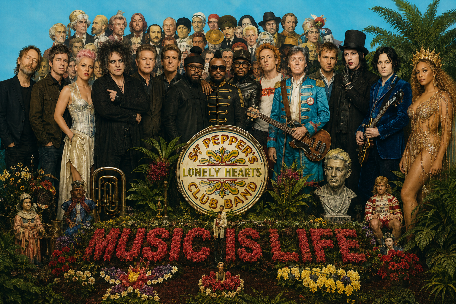 Sgt. Pepper’s Lonely Hearts Club Band cover reimagined with modern rock stars around a floral ‘Music Is Life’ display