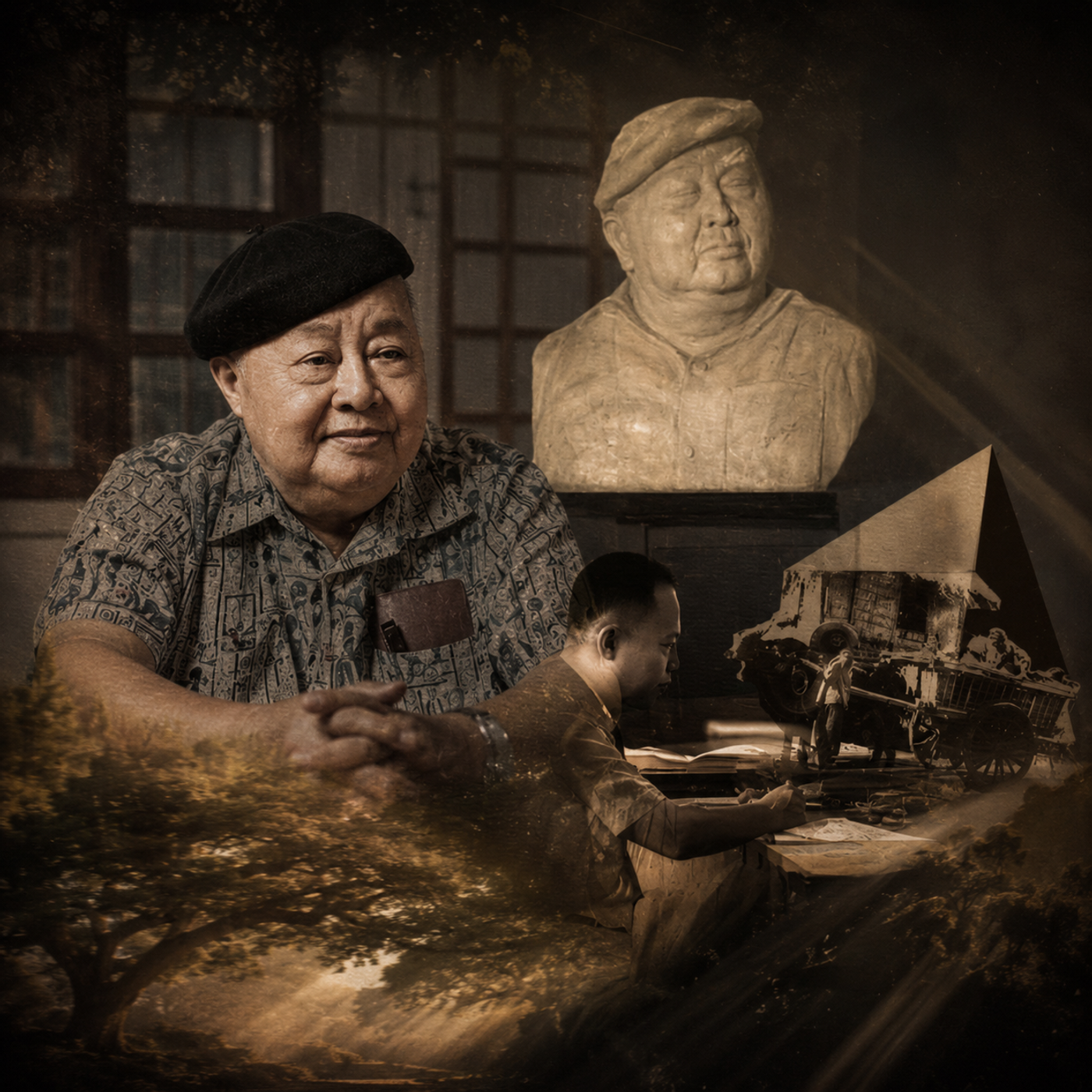 Sepia collage of F. Sionil José: the smiling novelist in his black beret beside a marble bust of his likeness, layered over a scene of him at the typewriter and acacia branches overhead