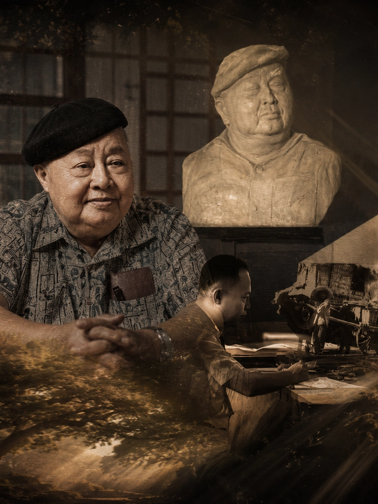 Sepia collage of F. Sionil José: the smiling novelist in his black beret beside a marble bust of his likeness, layered over a scene of him at the typewriter and acacia branches overhead