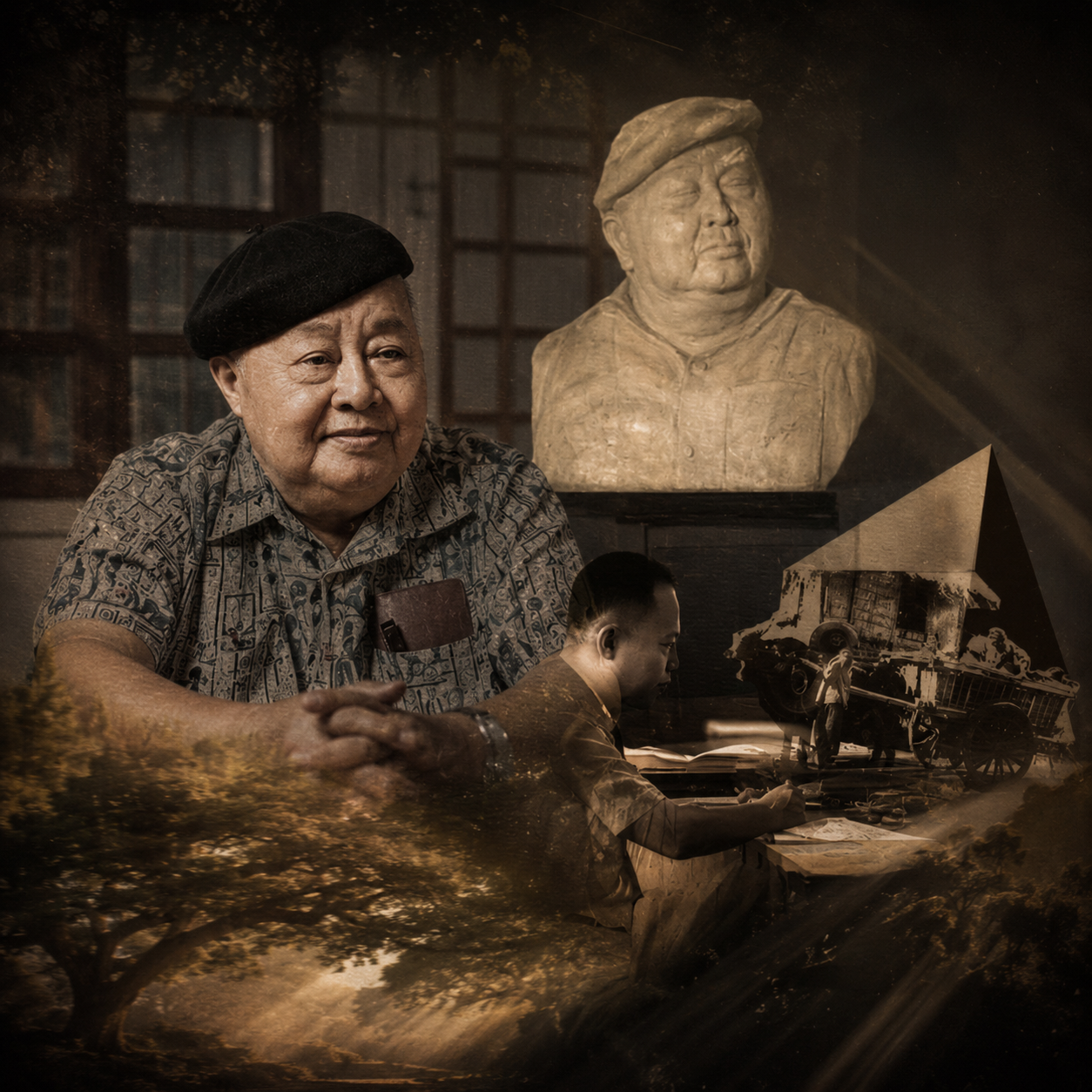 Sepia collage of F. Sionil José: the smiling novelist in his black beret beside a marble bust of his likeness, layered over a scene of him at the typewriter and acacia branches overhead