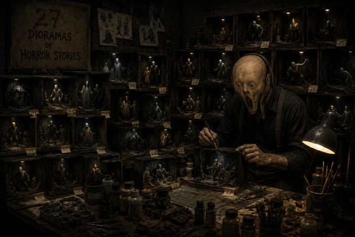 Dark illustration of a Scream-headed model maker painting a tiny graveyard diorama at a cluttered workbench, walls of numbered lit shadow boxes behind him under a sign reading 27 Dioramas of Horror Stories