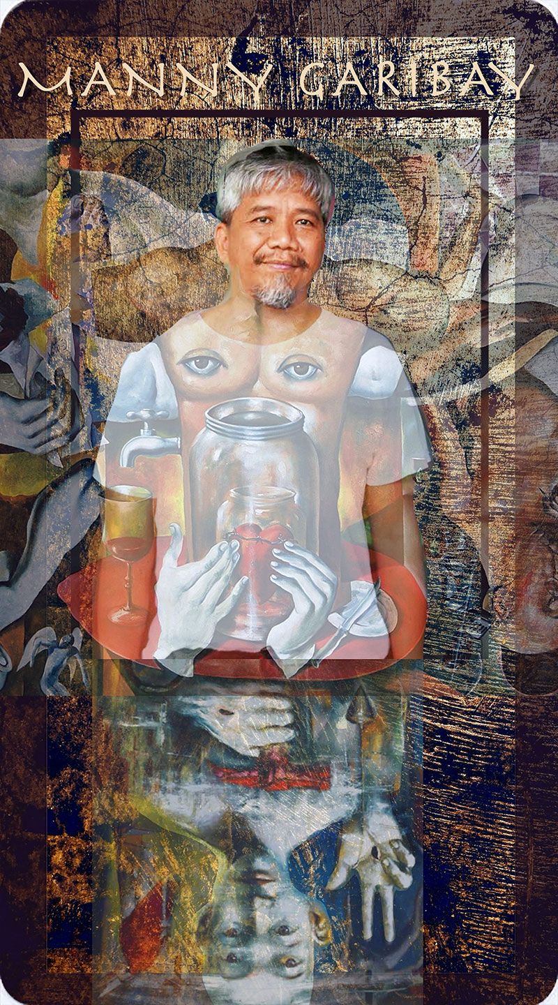 Composite portrait card of painter Manny Garibay, silver haired and goateed, montaged into his own painting of a torso with eyes on its chest cradling a jar that holds a red heart