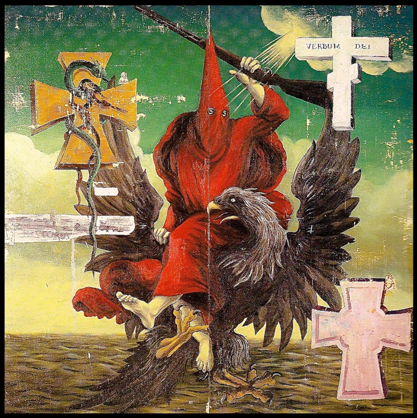 Yo Mate a Historya by Manuel Ocampo: a figure in a red pointed hood rides a brown eagle holding a rifle, flanked by a white cross reading Verbum Dei and an ochre cross wound with a green serpent