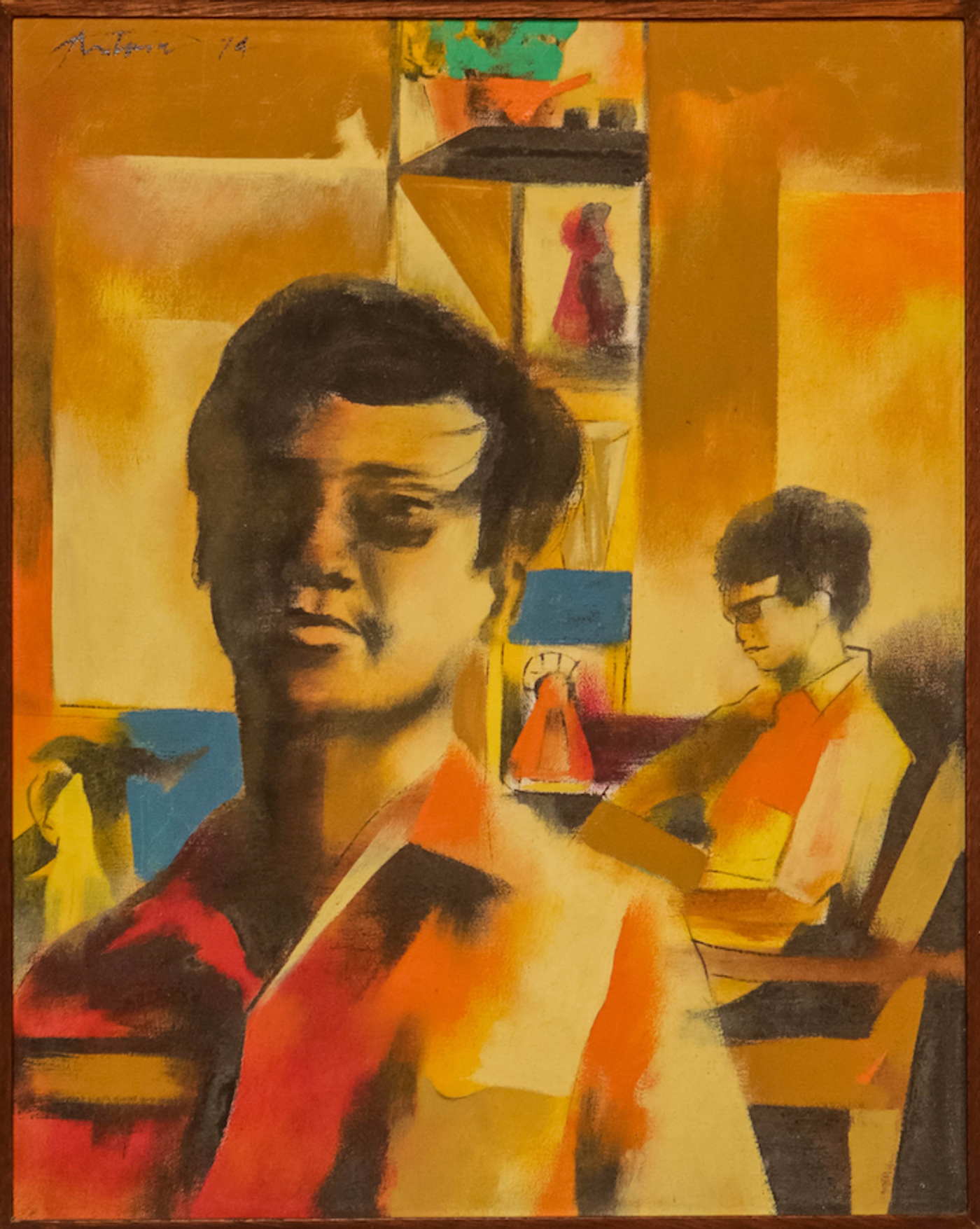 A modernist painting in oranges and yellows: a large stylised male head in the foreground and a bespectacled seated figure behind