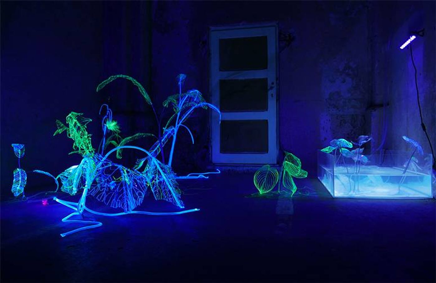 Andreea Medar’s Breathing Plastic, luminous wire plants sprawling across a dark room toward a doorway under ultraviolet light
