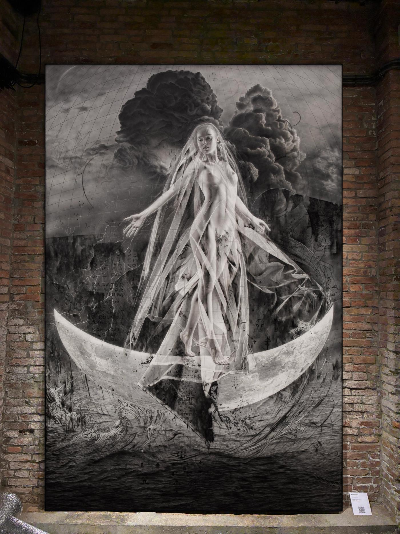 A veiled spectral figure with outstretched arms stands on a crescent moon beneath storm clouds in the graphite-and-ink work “Gravitas,” hung on a brick wall