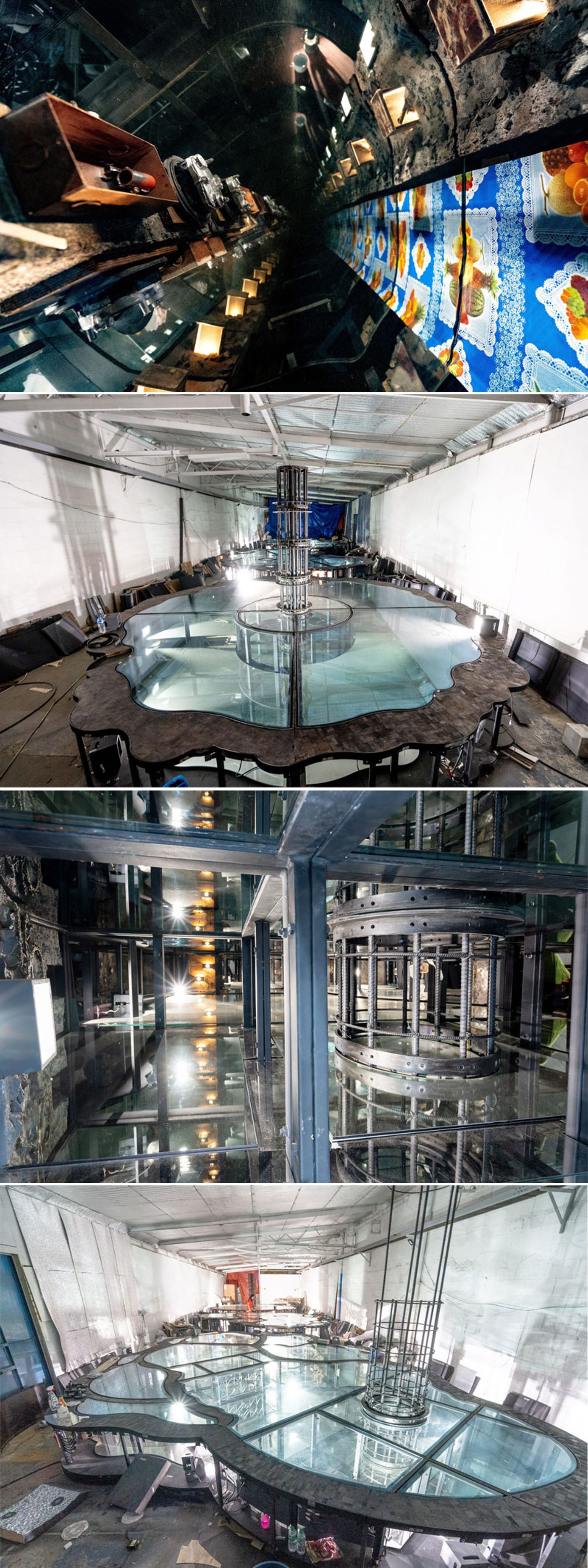 Four different perspective photos of Mark Justiniani’s Arkipelago installation featuring steel frames, mirrors, illuminated chambers, and overhead structures