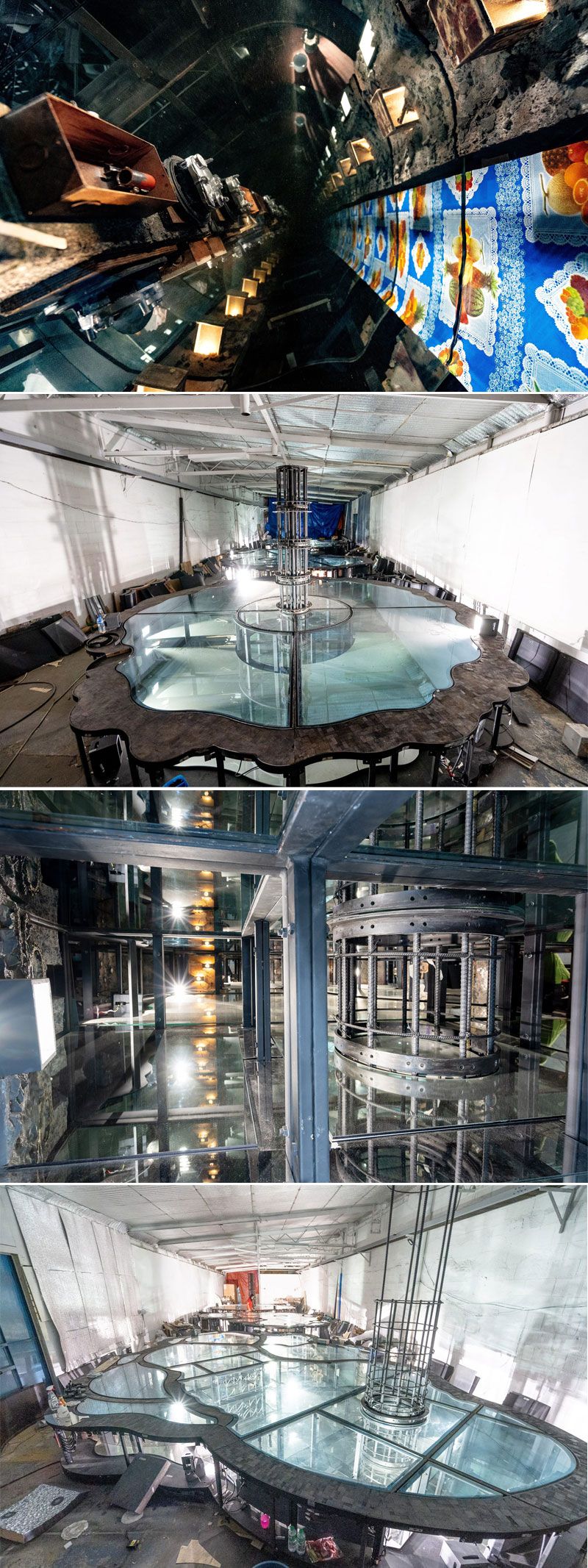 Four different perspective photos of Mark Justiniani’s Arkipelago installation featuring steel frames, mirrors, illuminated chambers, and overhead structures