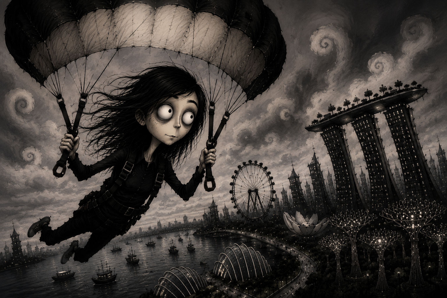 A gothic Tim Burton-style illustration of a wide-eyed figure parachuting over a moody Singapore skyline of Marina Bay Sands, the Flyer and Gardens by the Bay