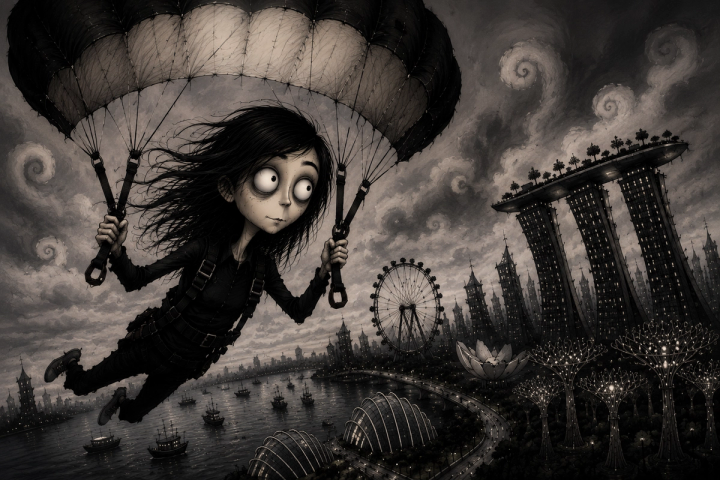 A gothic Tim Burton-style illustration of a wide-eyed figure parachuting over a moody Singapore skyline of Marina Bay Sands, the Flyer and Gardens by the Bay