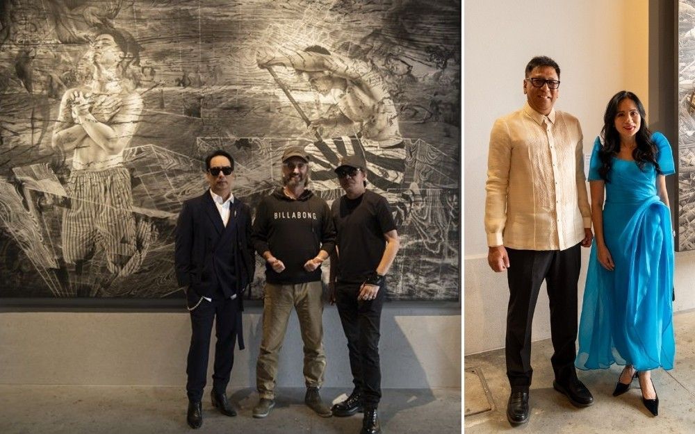 Two paired photos: Ronald Ventura with Marco Scurati and Ruel Caasi; and his Malabon guests Ricky Sandoval and Mayor Jeannie Sandoval, in a barong and a blue gown