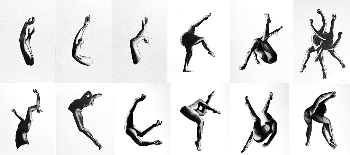 Twelve charcoal drawings by Christina Dy from Chimera: New Drawings, arms, legs and dancing bodies suspended on white paper