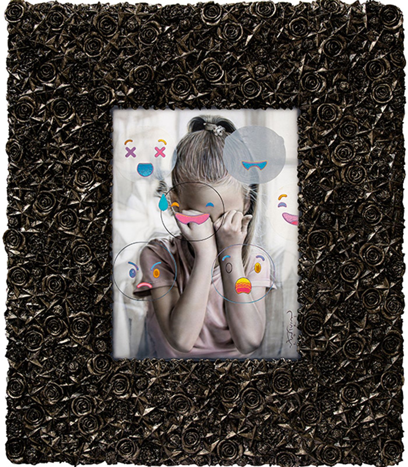 Girl hiding her face in her hands beneath floating pastel emoji faces, framed in dark sculpted roses
