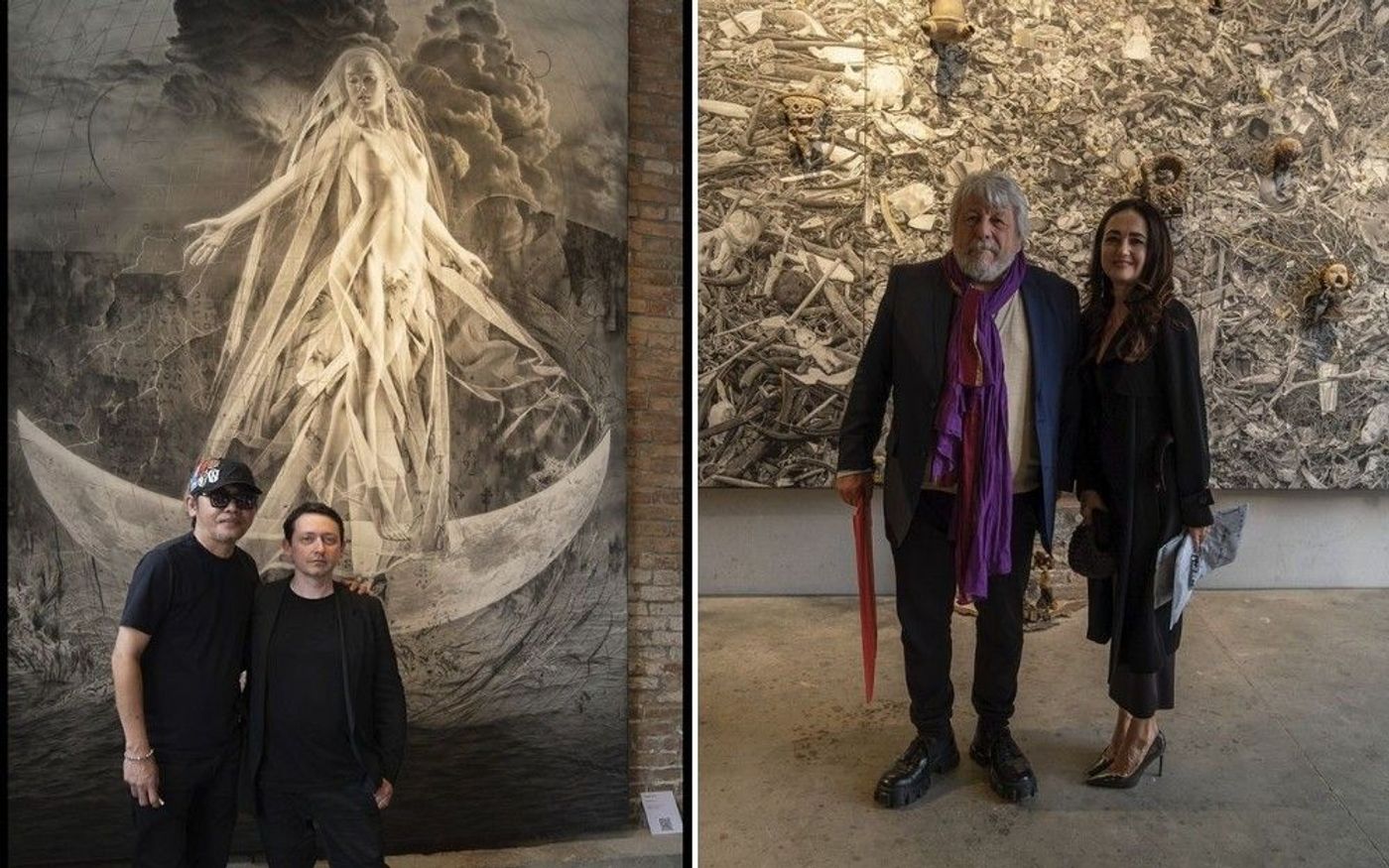 Two paired photos: curator Ruel Caasi and artist Nicola Samori before the LUNA moon-figure work; and Adriano Berengo with Laura Riolfatto before the bone-field piece