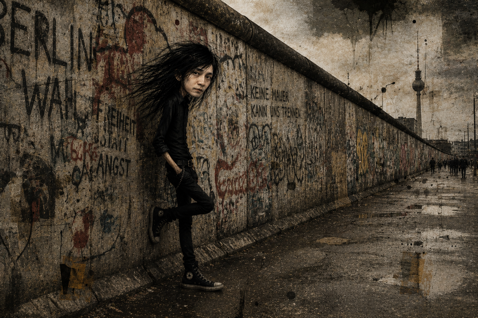 Illustrated wild-haired figure in black leans against the graffiti-covered Berlin Wall, KEINE MAUER KANN UNS TRENNEN painted on the concrete, the TV Tower in the distance