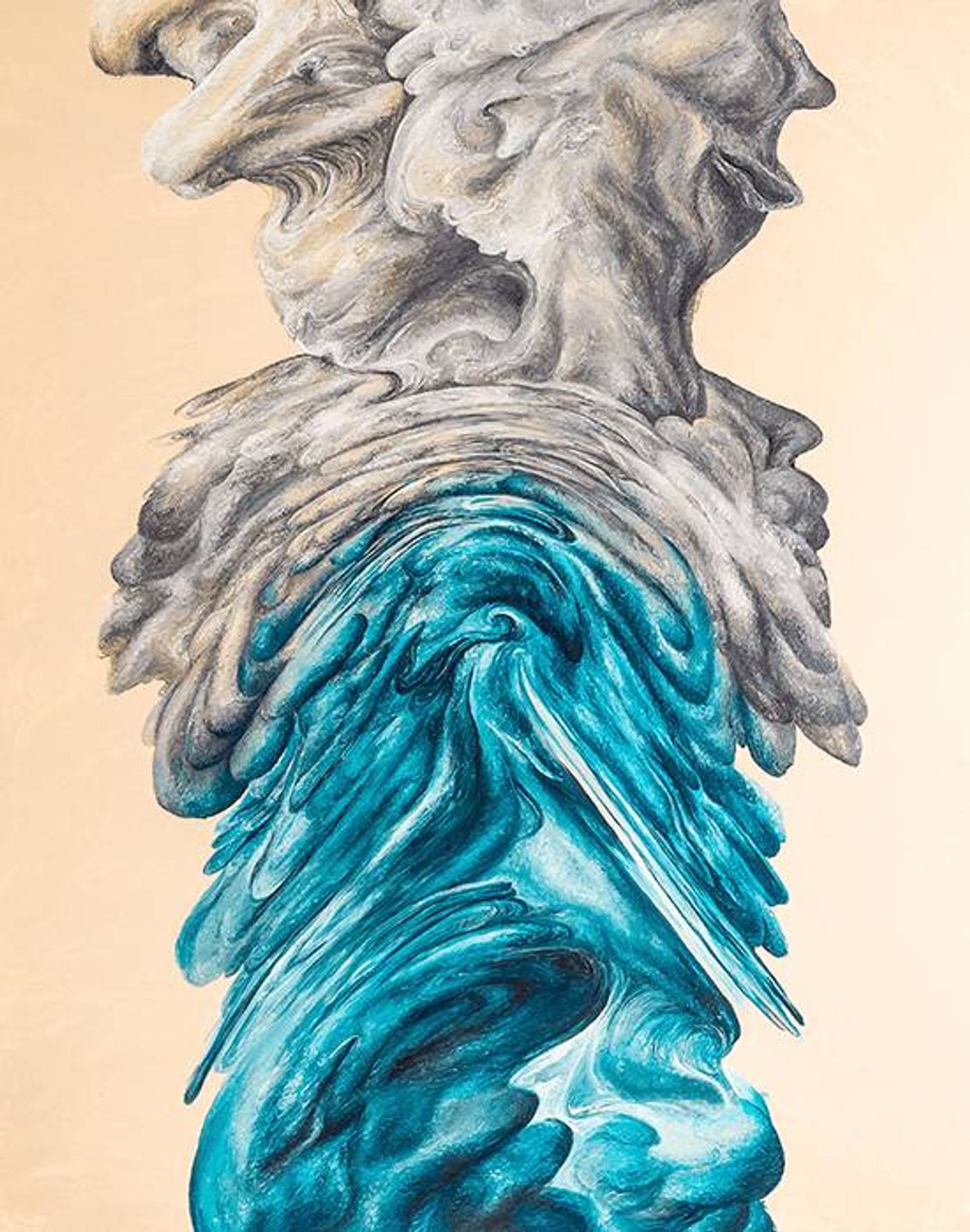 Painting The Current Dictates the Future, grey sculptural folds dissolving into a deep teal cascade