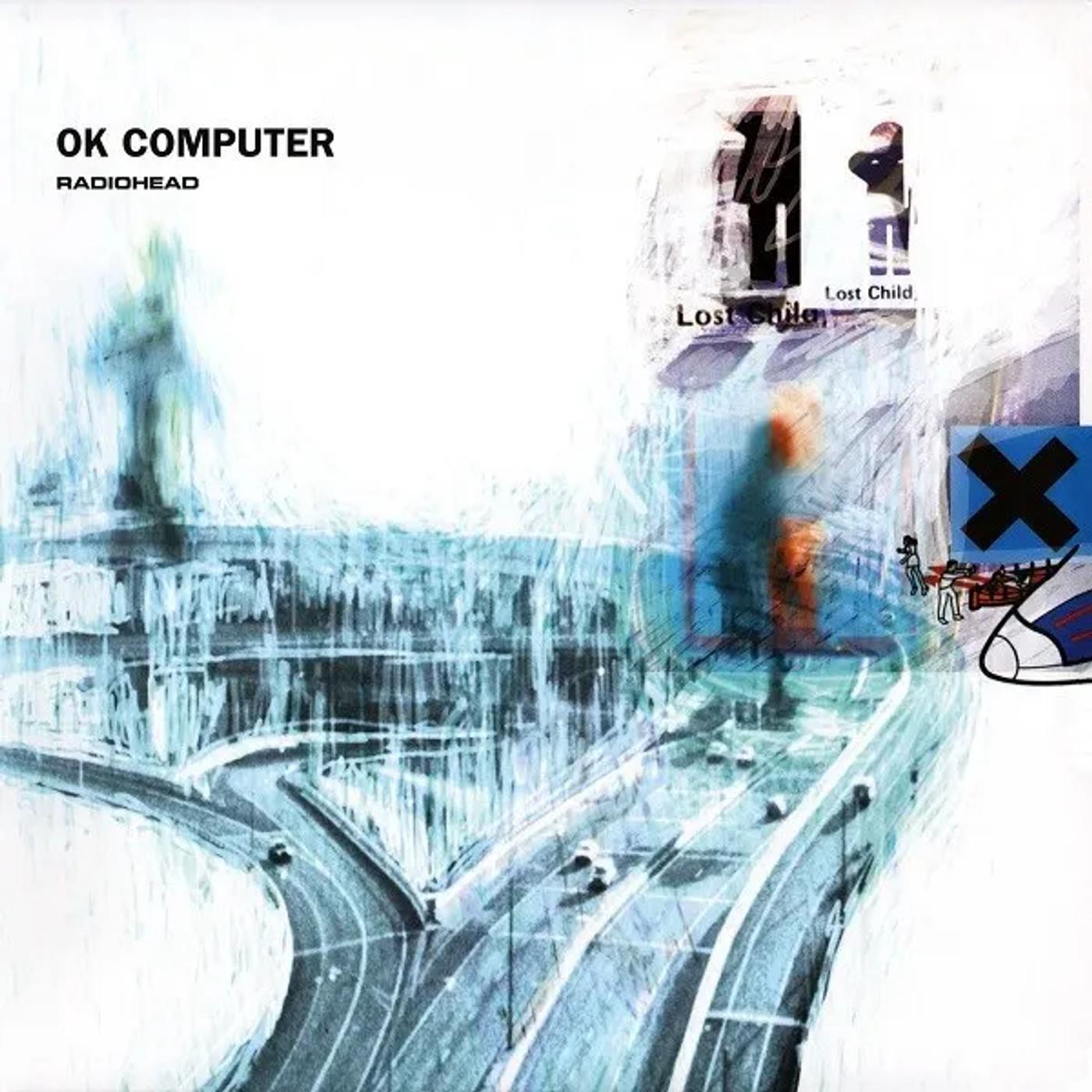 Radiohead’s OK Computer album cover, a bleached blue-white collage of a highway interchange