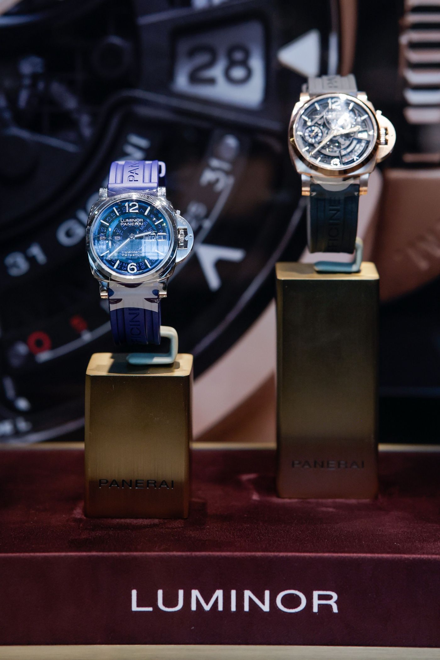 Panerai Luminor Calendario Perpetuo timepiece on display stand at Lucerne Watch Week