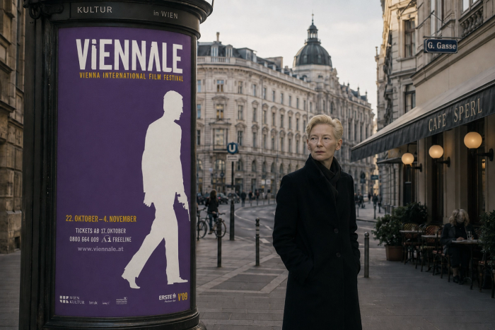 Viennale poster graphic with festival typography and Lino Brocka film retrospective card