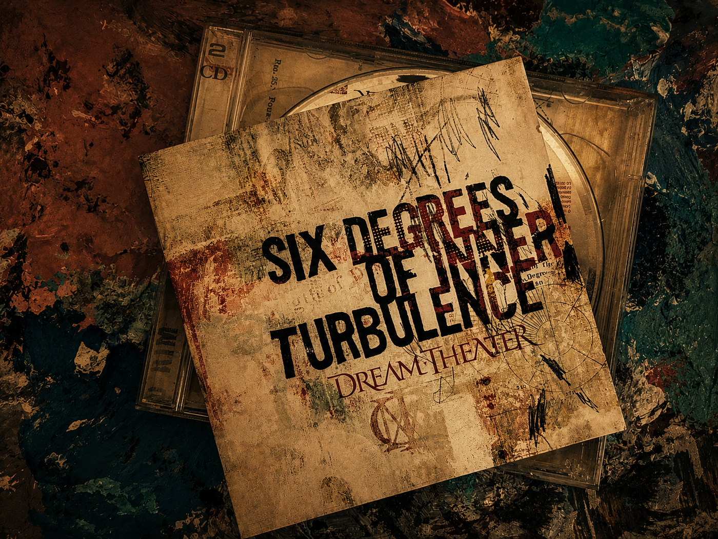 Dream Theater’s ‘Six Degrees of Inner Turbulence’ two-CD set, its scrawled red-and-black cover on a paint-smeared palette