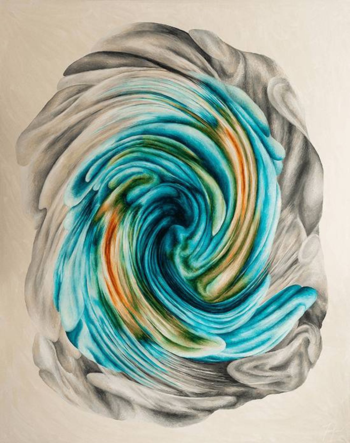 Painting Dimensions Merge in Harmony, a teal and amber vortex spiraling inside soft grey folds