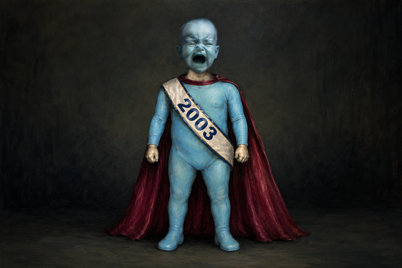 A screaming blue infant in a superhero suit and red cape wears a pageant sash reading 2003, standing against a dark painted backdrop