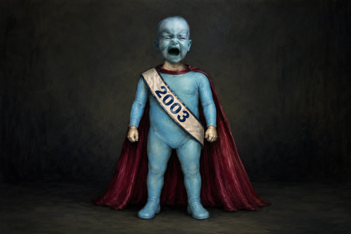 A screaming blue infant in a superhero suit and red cape wears a pageant sash reading 2003, standing against a dark painted backdrop