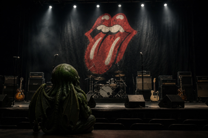 A Cthulhu figure sits alone in the empty seats of a dark concert hall, facing a stage of guitars, amps and drums beneath a giant Rolling Stones tongue-and-lips backdrop