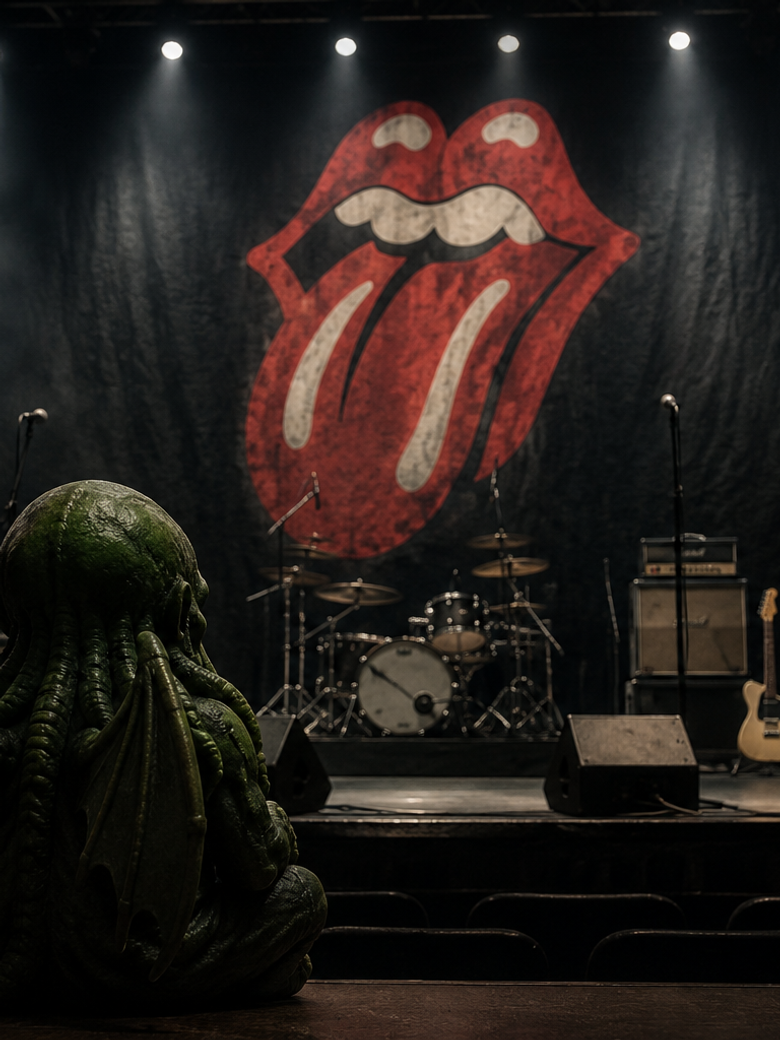 A Cthulhu figure sits alone in the empty seats of a dark concert hall, facing a stage of guitars, amps and drums beneath a giant Rolling Stones tongue-and-lips backdrop