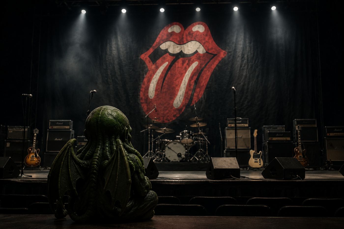 A Cthulhu figure sits alone in the empty seats of a dark concert hall, facing a stage of guitars, amps and drums beneath a giant Rolling Stones tongue-and-lips backdrop