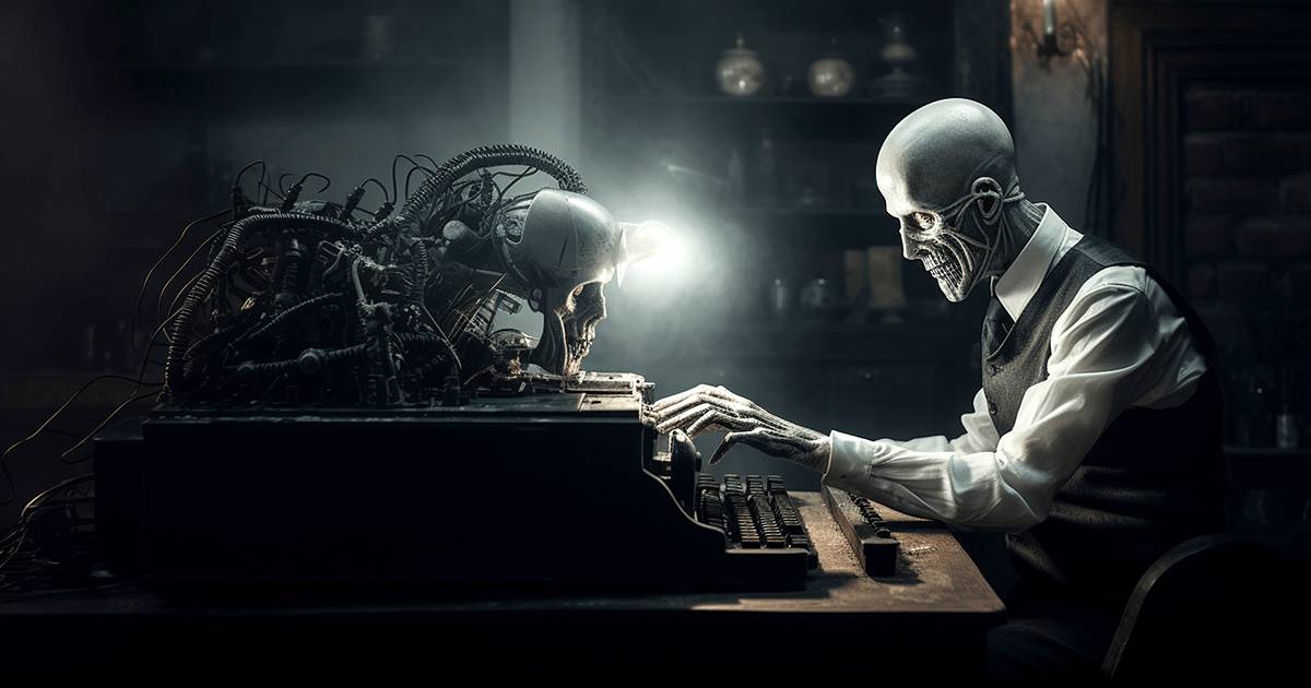 A skull-faced figure in shirtsleeves and a waistcoat types at an old typewriter in a dark room, facing a second skull wired into a tangle of cables and machinery